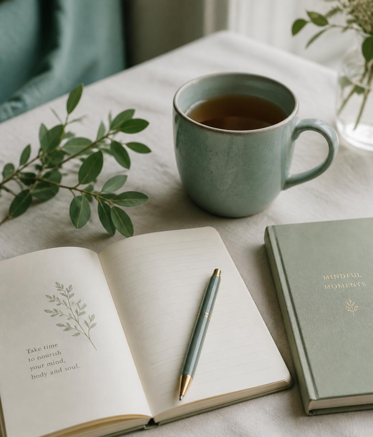 A calm still life with tea, a notebook and a green sprig on cream linen