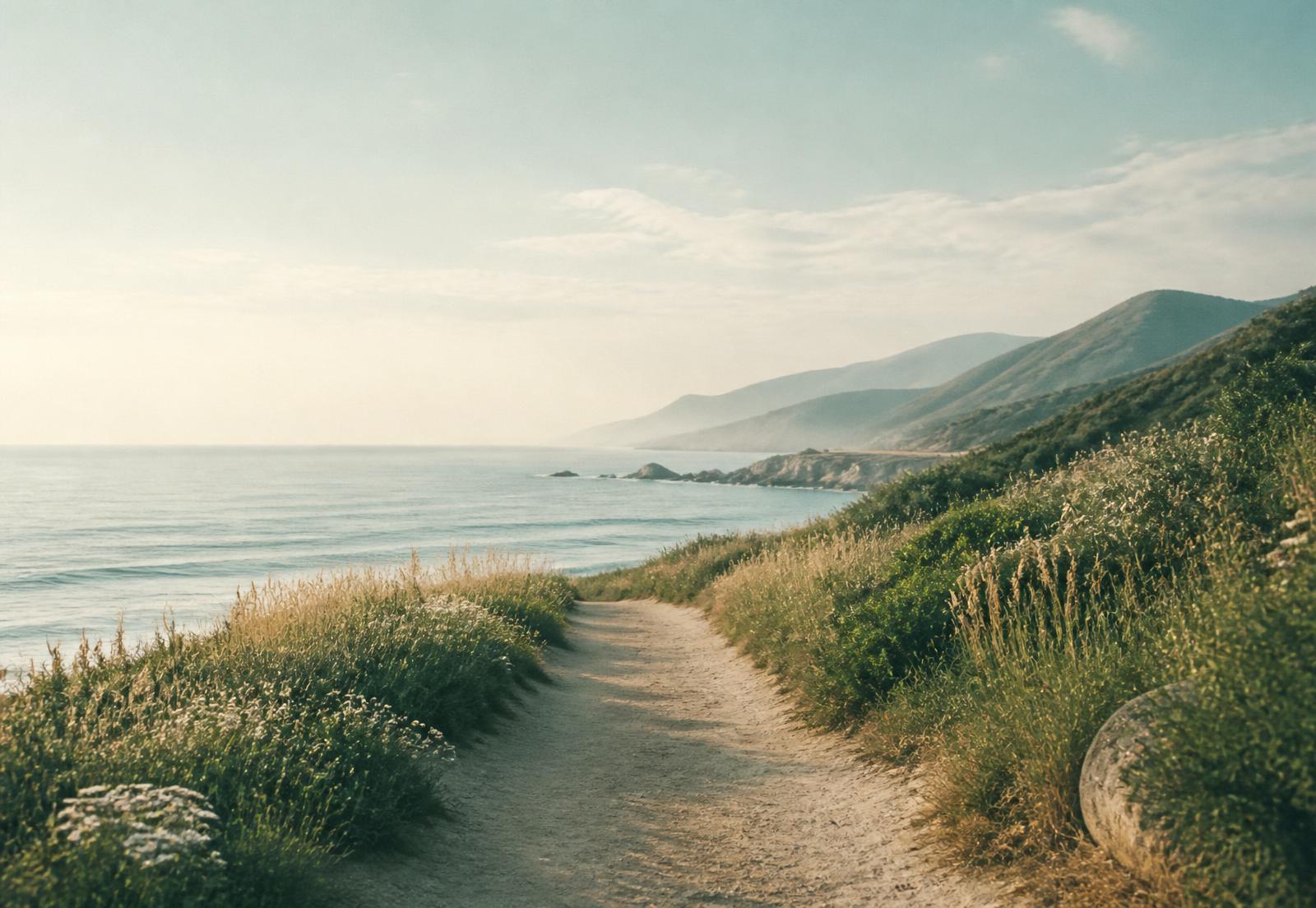 A quiet coastal path at soft morning light, leading forward toward the sea
